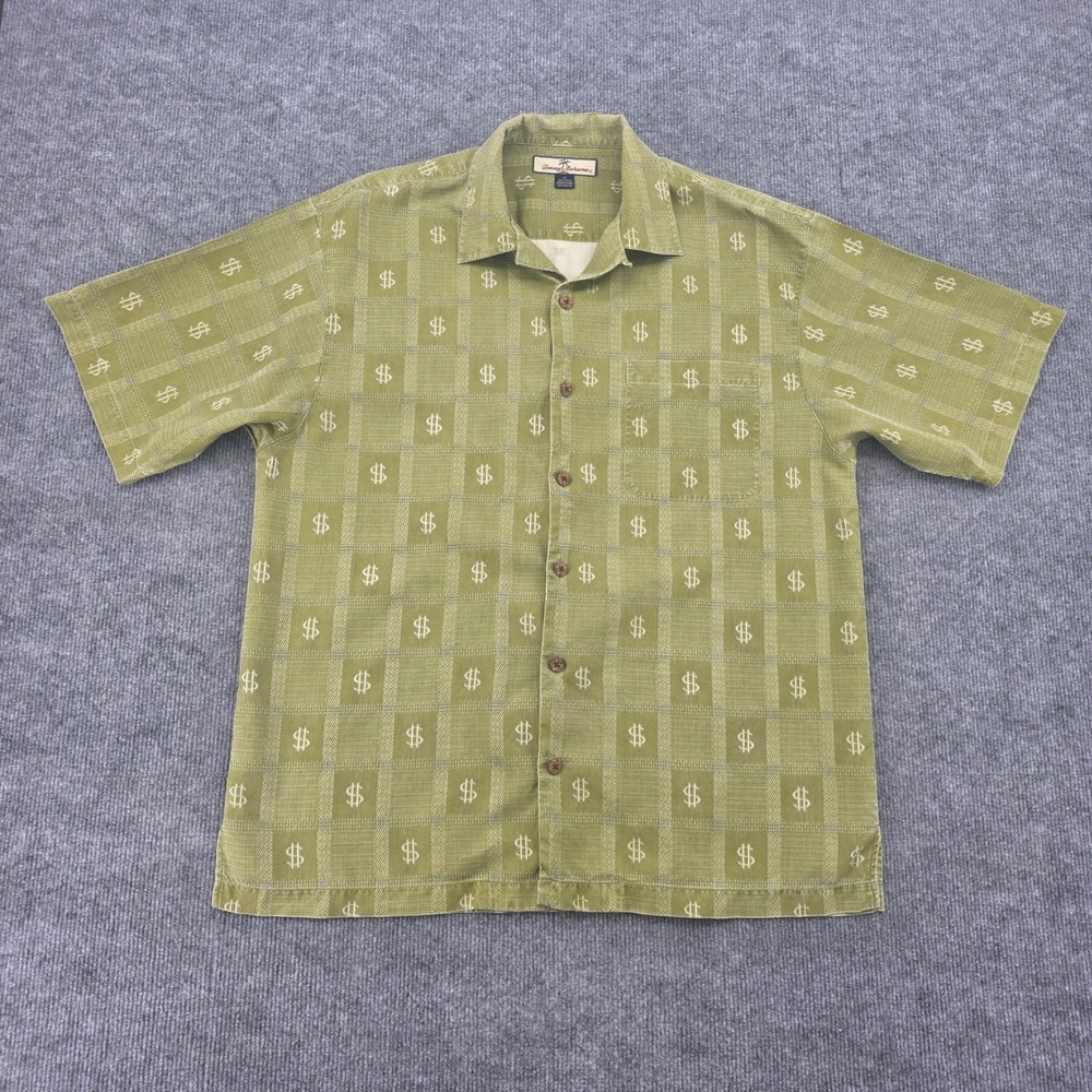 Tommy Bahama Relax Mens Medium Silk Dollar Sign Money Camp Shirt Olive Green